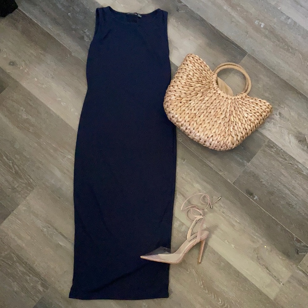 Fitted ribbed blue body on midi dress Size 8